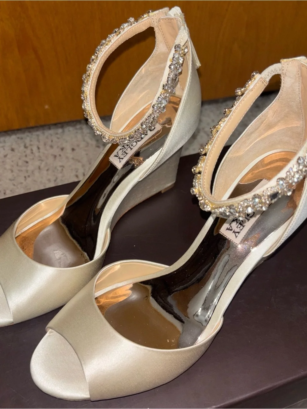 Badgley Mischka Champagne Satin Crystal Ankle-Strap Wedge Sandals